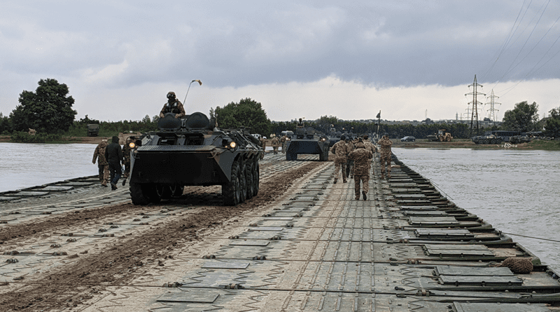 NATO Defender Europe A 220m double width PR-71 pontoon bridge of MLC 80 across the DANUBE with troops and vehicles crossing